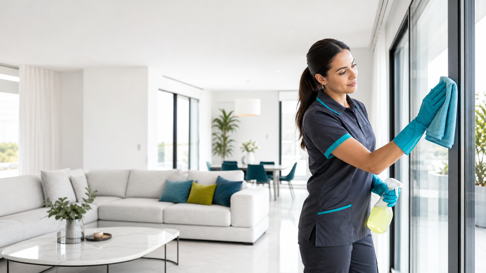 Professionnelle HELVETIA SIGNATURE nettoyant une baie vitree dans un interieur lumineux